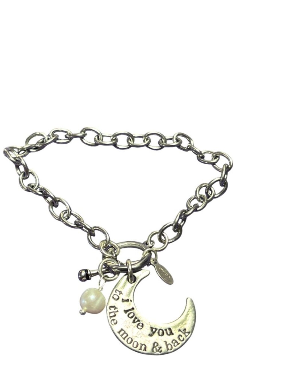 Silvertone Charm Bracelet Crescent Moon Heart I Love You to the Moon and Back